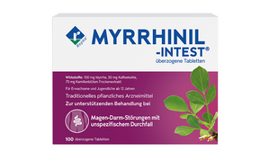 Hier sieht man MYRRHINIL-INTEST. Dieses Arzneimittel enthält Kamille, Kaffeekohle und Myrrhe und wird bei Magen-Darm-Störungen die mit Krämpfen, Blähungen und Durchfällen einhergehen eingesetzt.