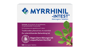 Hier sieht man MYRRHINIL-INTEST. Dieses Arzneimittel enthält Kamille, Kaffeekohle und Myrrhe und wird bei Magen-Darm-Störungen die mit Krämpfen, Blähungen und Durchfällen einhergehen eingesetzt.