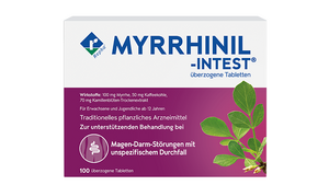 Hier sieht man MYRRHINIL-INTEST. Dieses Arzneimittel enthält Kamille, Kaffeekohle und Myrrhe und wird bei Magen-Darm-Störungen die mit Krämpfen, Blähungen und Durchfällen einhergehen eingesetzt.