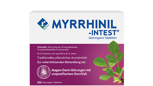 Hier sieht man MYRRHINIL-INTEST. Dieses Arzneimittel enthält Kamille, Kaffeekohle und Myrrhe und wird bei Magen-Darm-Störungen die mit Krämpfen, Blähungen und Durchfällen einhergehen eingesetzt.