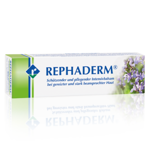 REPHADERM® REPHADERM® ist ein schützender und pflegender Balsam bei gereizter und stark beanspruchter Haut. Es enthält die pflanzlichen Wirkstoffe: Salbei, Bitterem Beifuß, Rosmarin, Sonnenhut und Myrrhe.