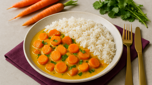 Auf einem Teller angerichtetes Koko-Möhren-Curry für eine Low-Fodmap-Ernährung.
