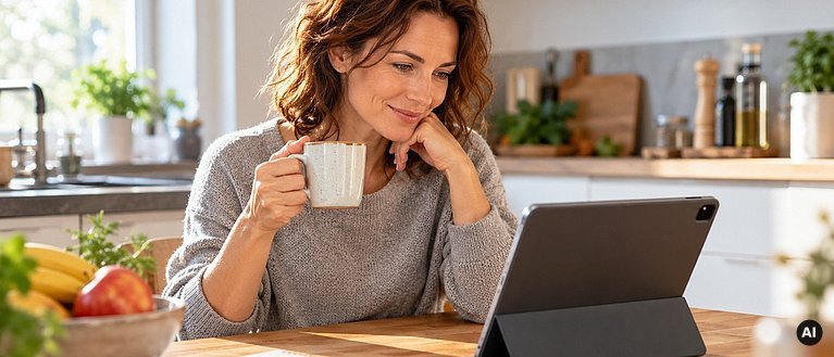 Eine Frau sitzt am Laptop und macht den Selbsttest zur Verdauung
