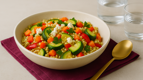 Lauwarmer Hirsesalat mit Gemüse und Feta auf einem Teller angerichtet für eine Low-Fodmap-Ernährung.
