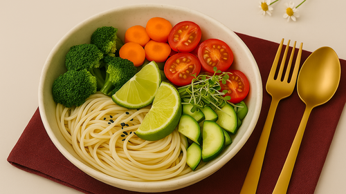 Reisnudel-Bowl mit Gemüse auf einem Teller angerichtet für eine Low-Fodmap-Diät.