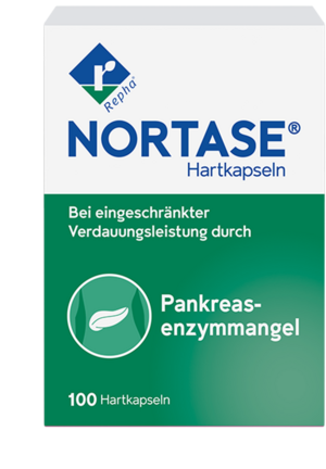 NORTASE® - Enzymersatztherapie bei Bauchspeicheldrüsenschwäche Hier sieht man die Packung vom Arzneimittel NORTASE. Es wird eingesetzt zum Ersatz von Verdauungsenzymen bei Maldigestion (Verdauungsschwäche) infolge einer gestörten Funktion der Bauchspeicheldrüse.