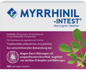 MYRRHINIL-INTEST® MYRRHINIL-INTEST® ist aufgrund seiner Dreifach-Wirkstoffkombination einzigartig: Myrrhe, Kaffeekohle und ein Trockenextrakt aus Kamillenblüten.