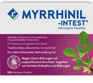 MYRRHINIL-INTEST® ist aufgrund seiner Dreifach-Wirkstoffkombination einzigartig: Myrrhe, Kaffeekohle und ein Trockenextrakt aus Kamillenblüten.