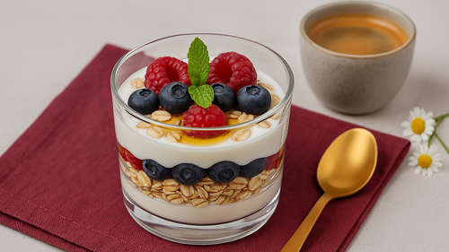 Beeren-Quark-Dessert mit Haferflocken im Glas geschichtet für eine Low-Fodmap-Ernährung