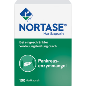 Hier sieht man die Packung des Arzneimittels NORTASE. Es wird eingesetzt zum Ersatz von Verdauungsenzymen bei Maldigestion (Verdauungsschwäche) infolge einer gestörten Funktion der Bauchspeicheldrüse.