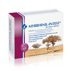 MYRRHINIL-INTEST® MYRRHINIL-INTEST® ist aufgrund seiner Dreifach-Wirkstoffkombination einzigartig: Myrrhe, Kaffeekohle und ein Trockenextrakt aus Kamillenblüten.