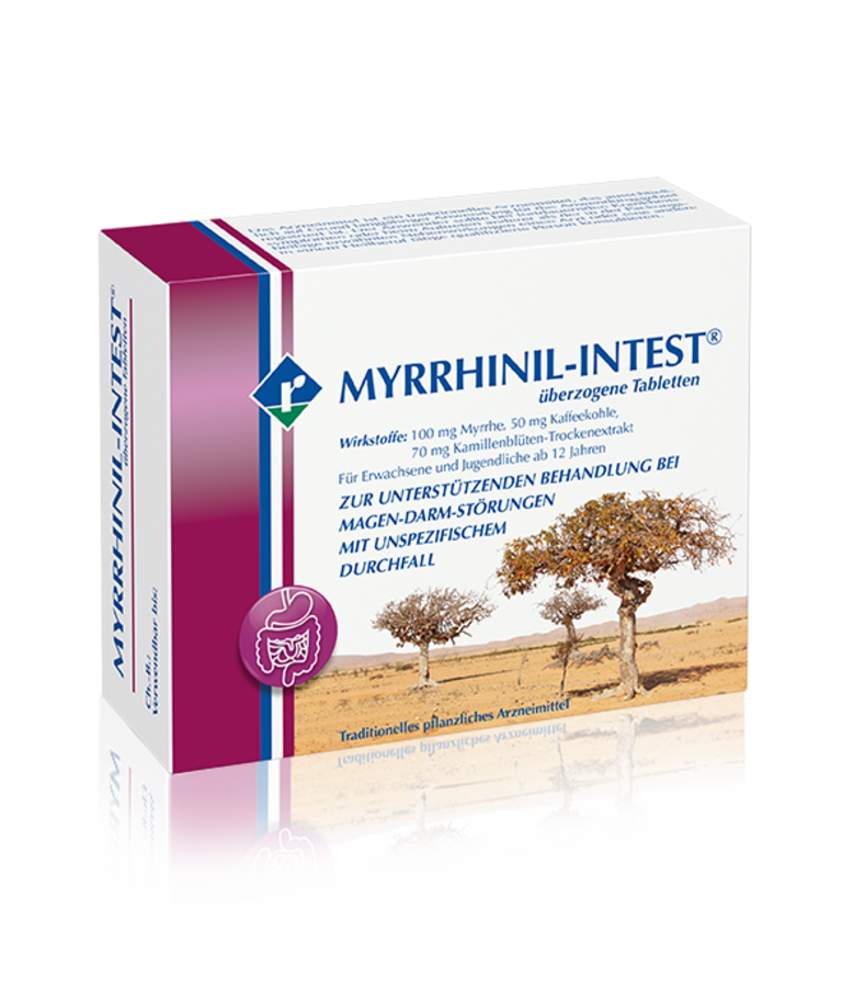MYRRHINIL-INTEST® ist aufgrund seiner Dreifach-Wirkstoffkombination einzigartig: Myrrhe, Kaffeekohle und ein Trockenextrakt aus Kamillenblüten.