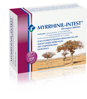 MYRRHINIL-INTEST® ist aufgrund seiner Dreifach-Wirkstoffkombination einzigartig: Myrrhe, Kaffeekohle und ein Trockenextrakt aus Kamillenblüten.