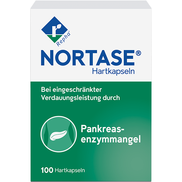 Hier sieht man die Packung des Arzneimittels NORTASE. Es wird eingesetzt zum Ersatz von Verdauungsenzymen bei Maldigestion (Verdauungsschwäche) infolge einer gestörten Funktion der Bauchspeicheldrüse.